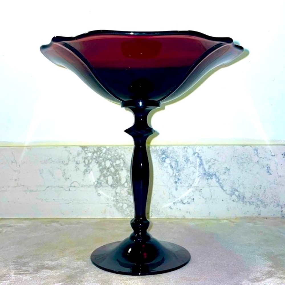 Black Amethyst Pedestal Compote Vintage Art Deco Cambridge Glass Co. Like New